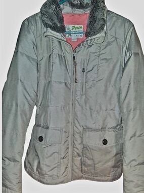 Eddie Bauer Light Taupe Puffer Jacket with Faux Fur Trim